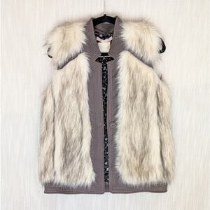 Rebecca Taylor Ivory/Gray Faux Fur Silk Boho Short Vest Coat Jacket, size S